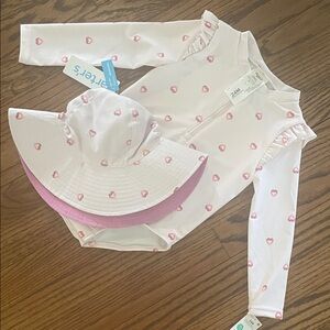 Baby Girl Pink Long-Sleeve Rash Guard with Pink Heart Print + Sun Hat